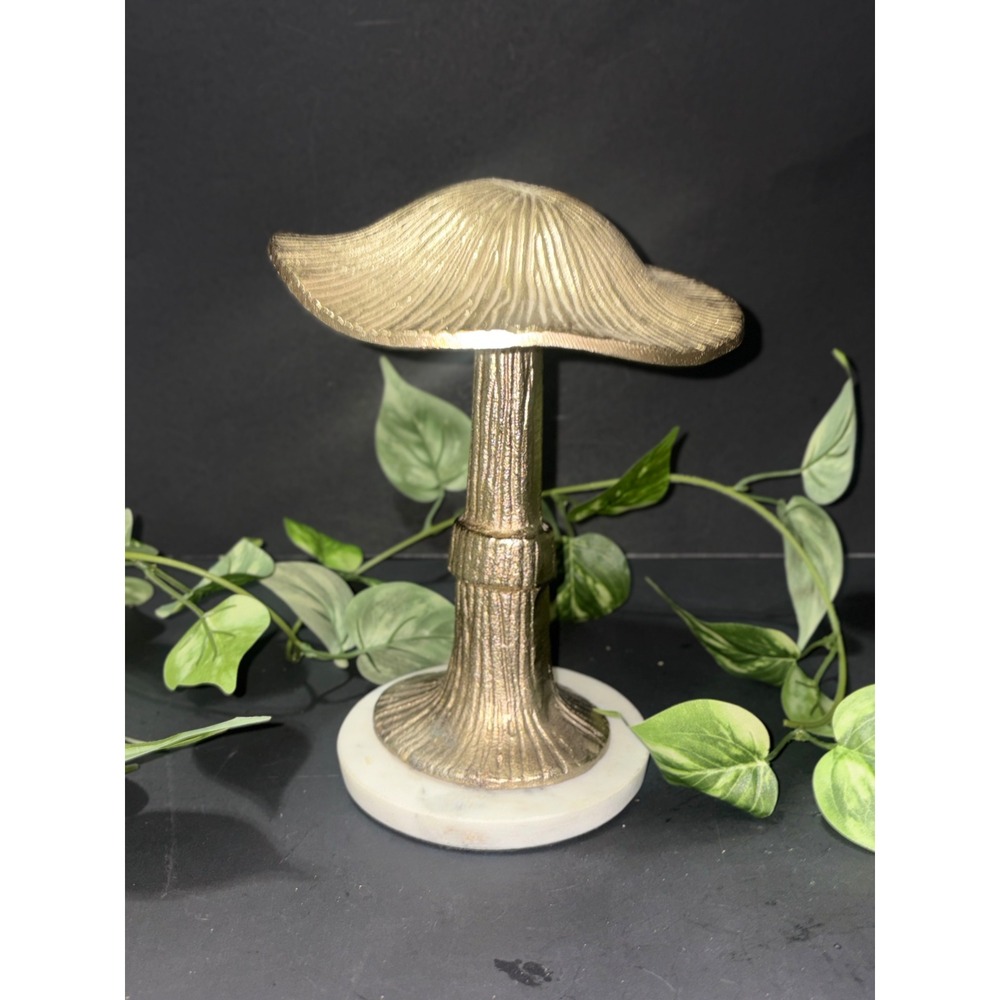 Gold Metal Mushroom Sculpture on Marble Base Ribbed Texture 10" Nature Decor